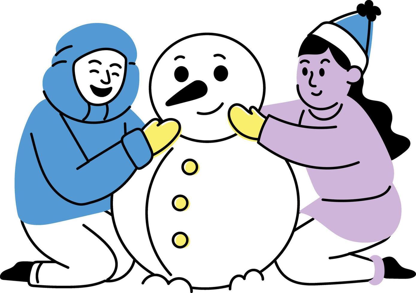 Hand drawn illustration of two friends making snowman in winters vector