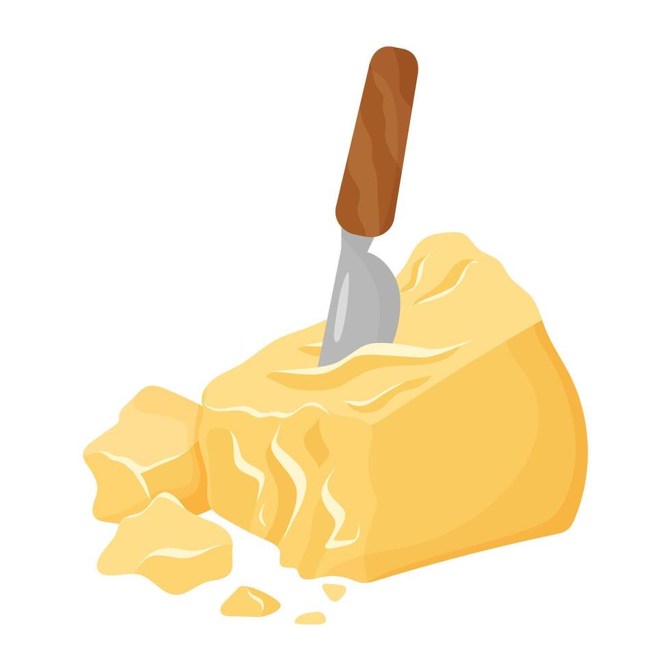Parmesan cheese with knife cut into pieces. Organic farm food. Design element, cartoon flat illustration for logo, poster, menu. Isolated on white background. vector