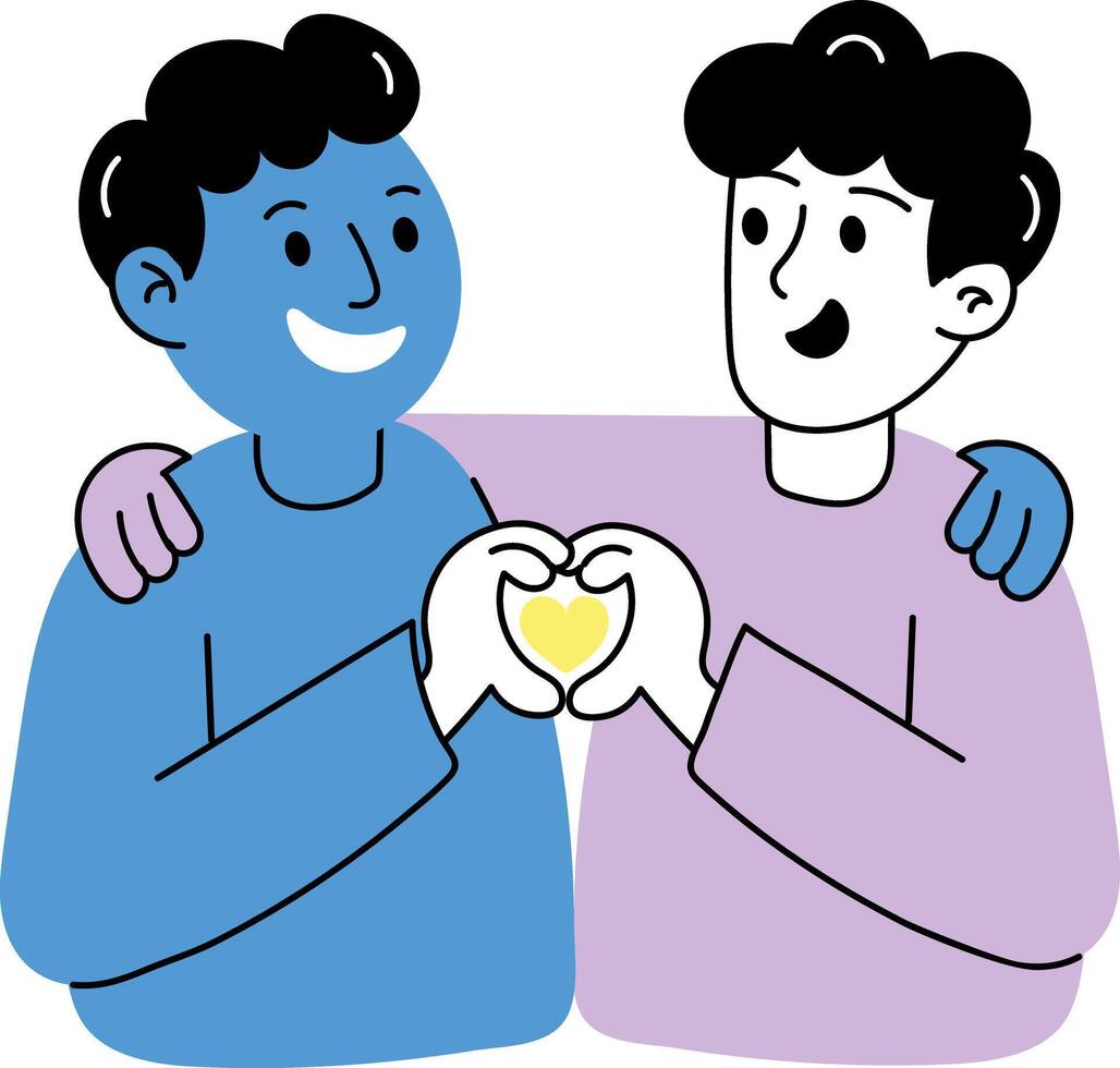 Hand drawn illustration of two characters making heart gesture depicting bff goals vector