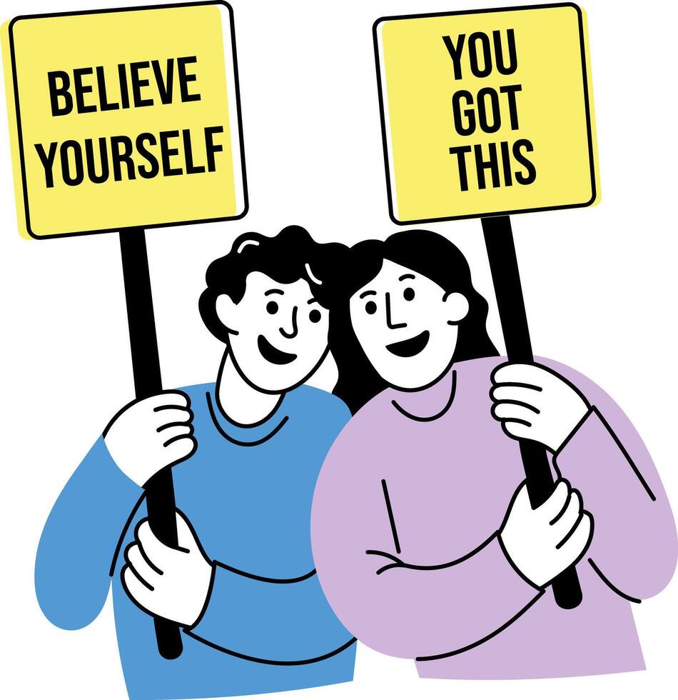 Hand drawn illustration of two characters holding placards depicting friends support vector