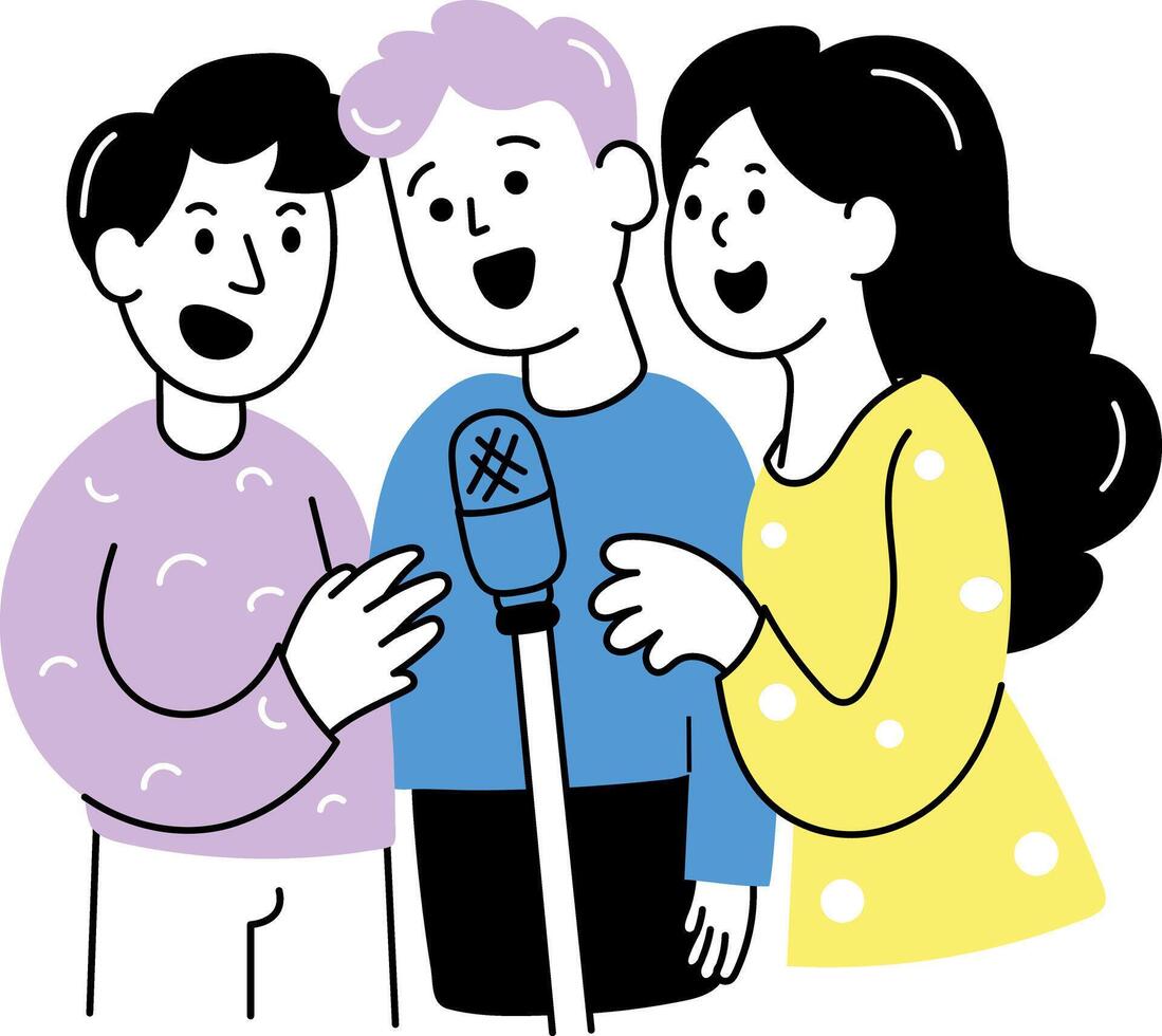 Hand drawn illustration of friends singing together in a mic vector