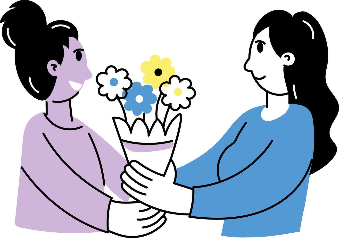 Hand drawn illustration of a character giving bouquet to her friend vector