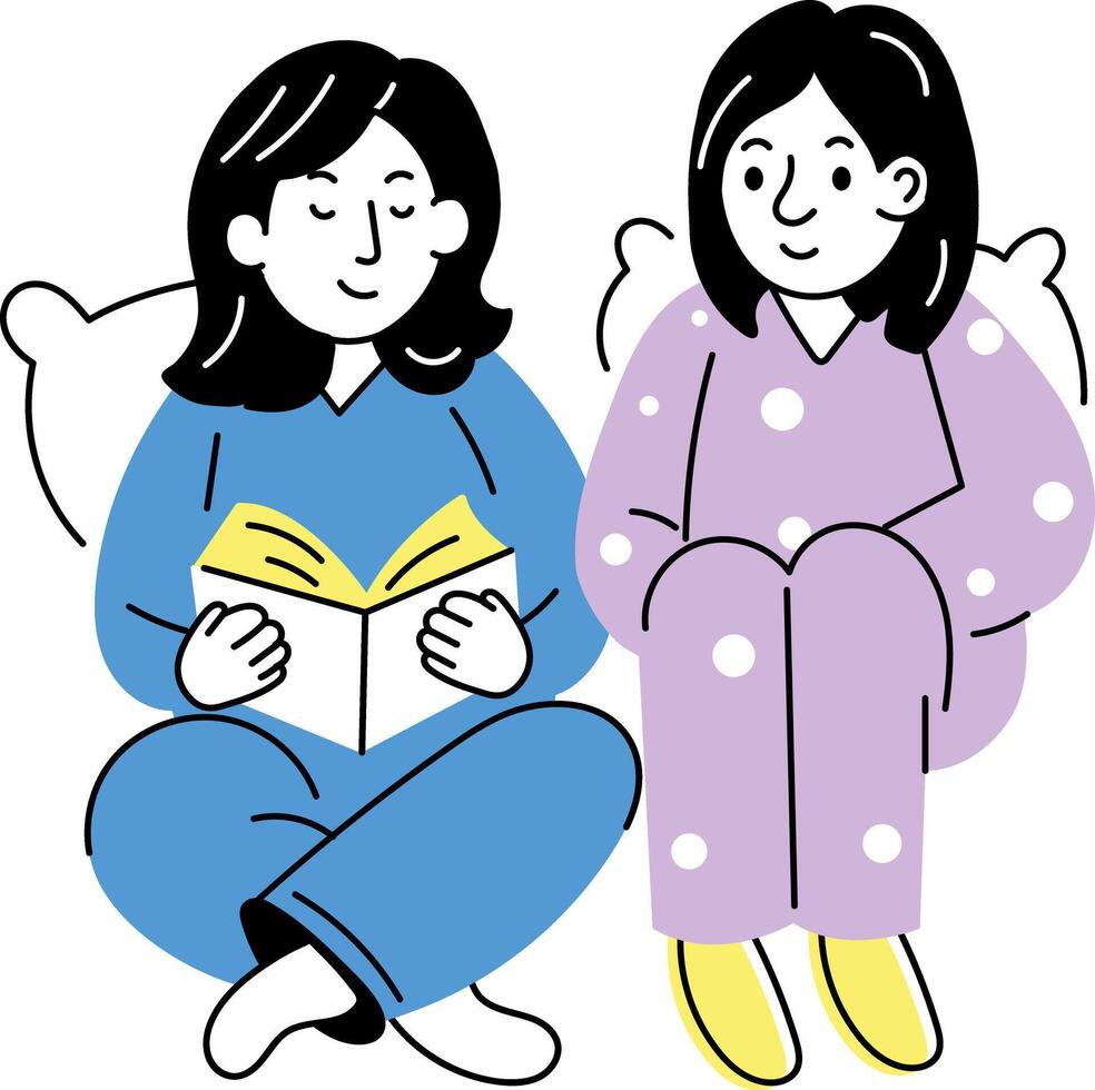 Friends reading a book together, hand drawn illustration vector
