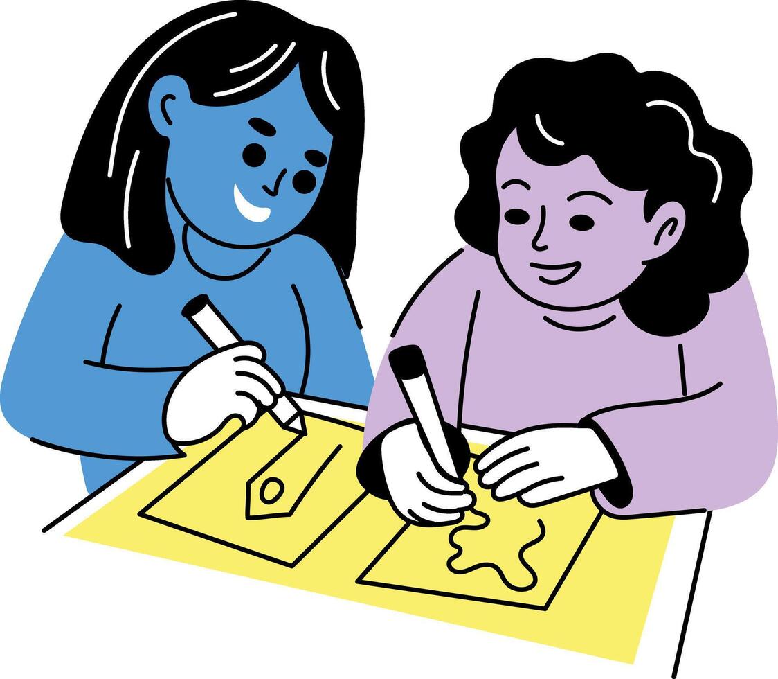 Hand drawn illustration of two friends sketching together vector