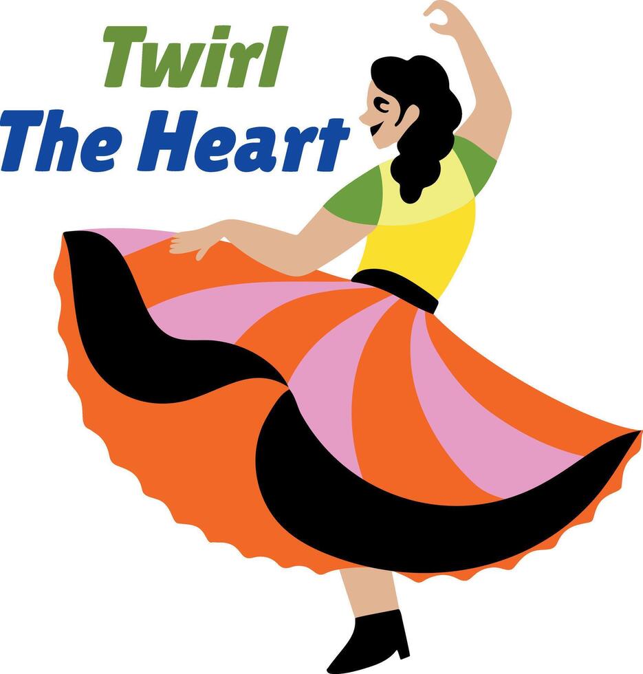 Flat sticker of a girl performing jazz dance with twirl the heart typography vector