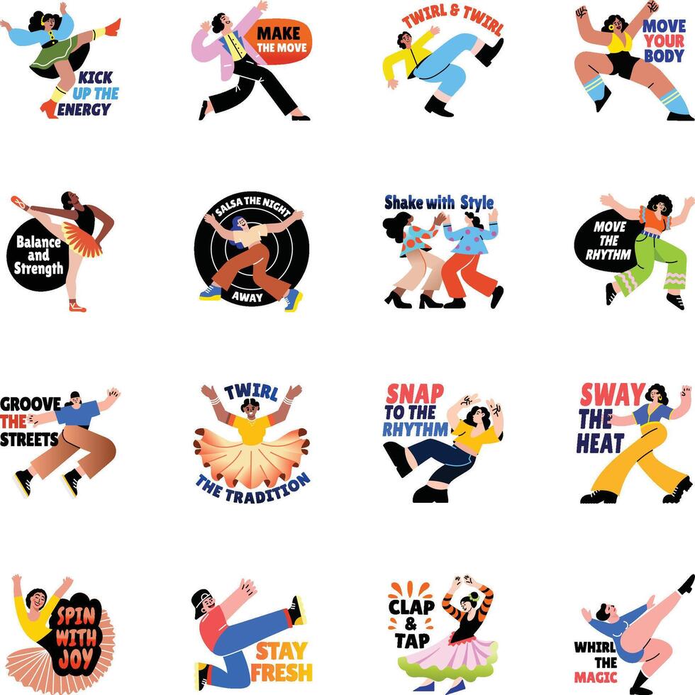 Set of Dance Typography Flat Style Stickers vector