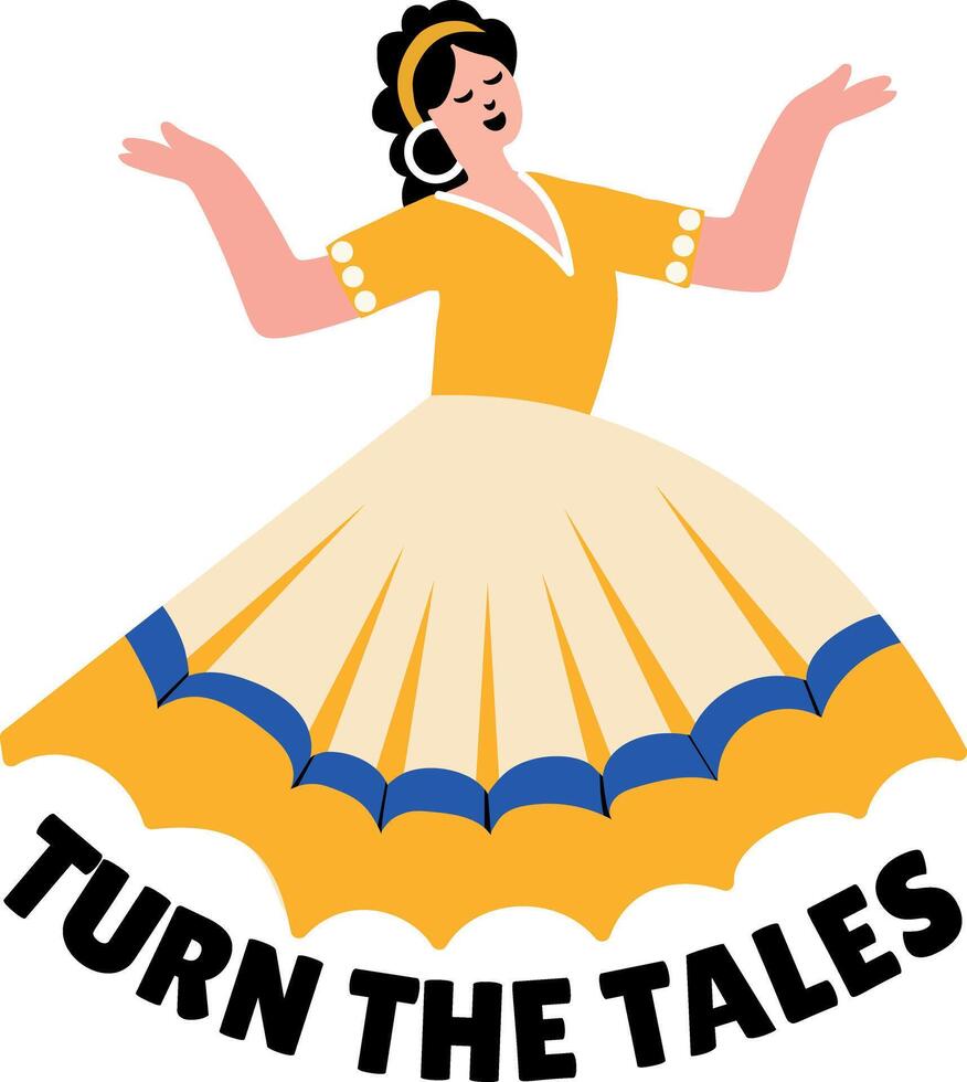 A flat style sticker of a character doing cultural dance with turn the tales typography vector