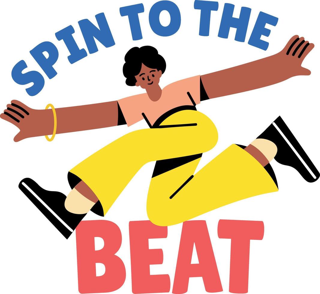 Freestyle dancing character with spin to the beat typography, flat sticker vector
