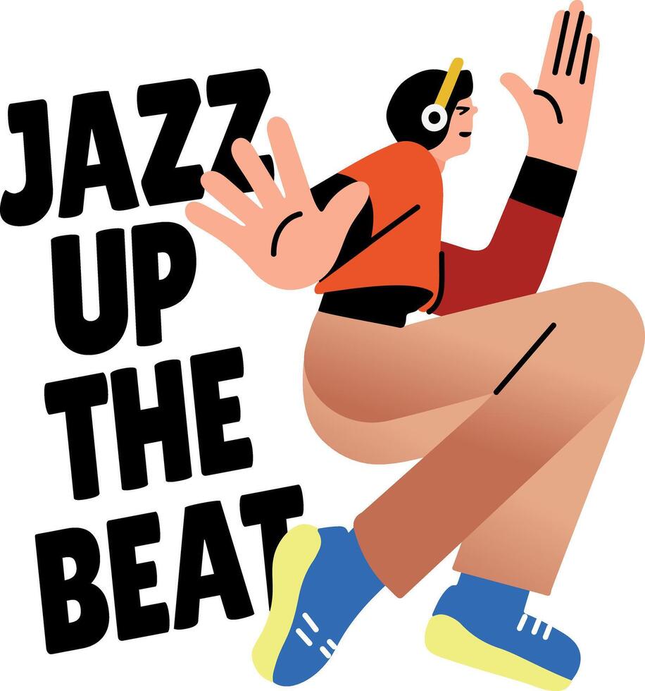 A flat style sticker of jazz dancing character with jazz up the beat typography vector