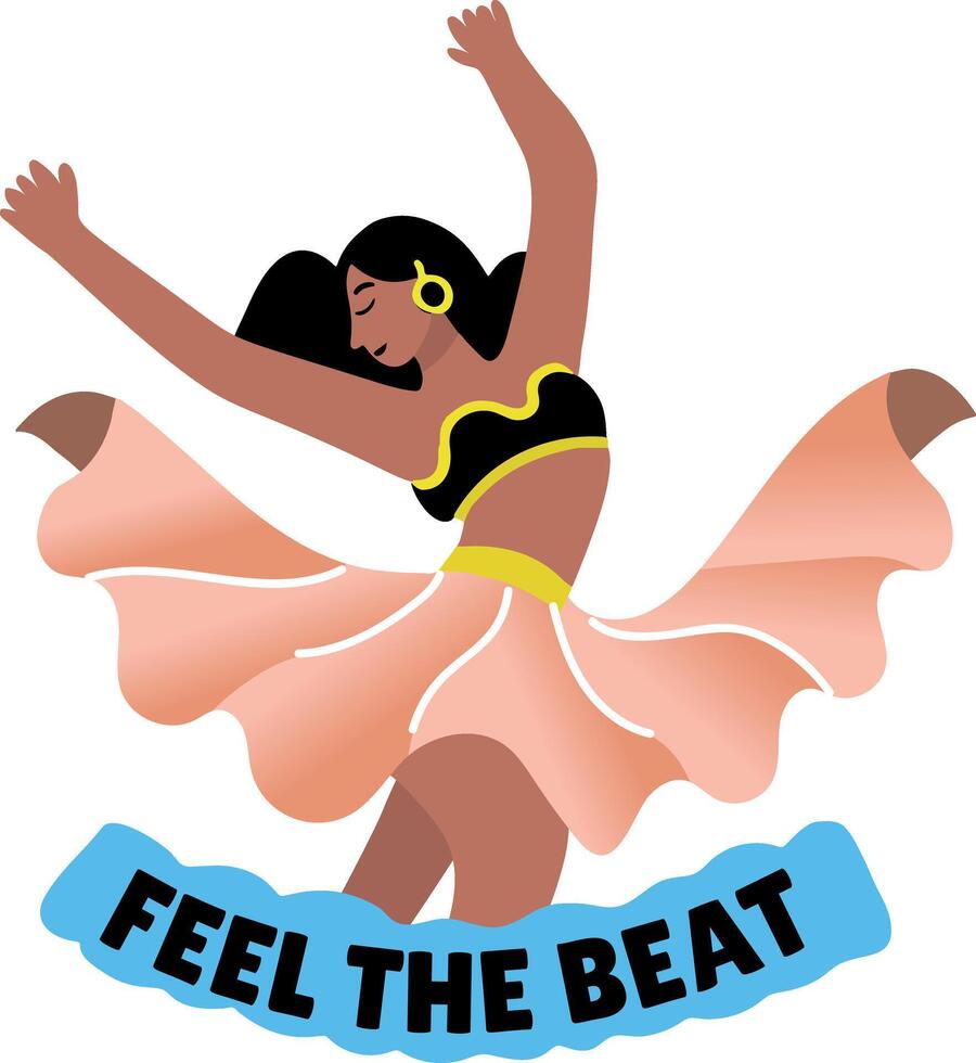 Dancing girl flat style sticker with feel the beat typography vector