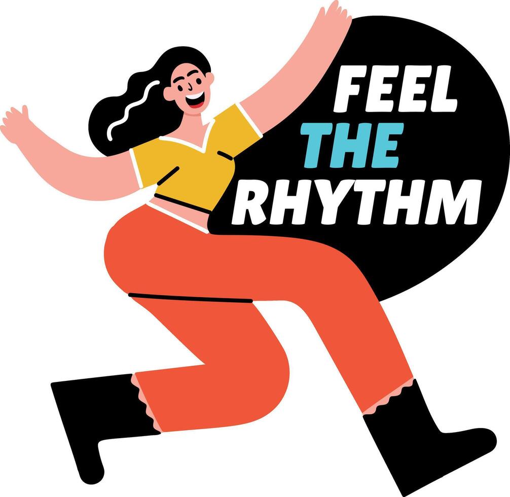 A flat sticker of dancing character with feel the rhythm typography vector