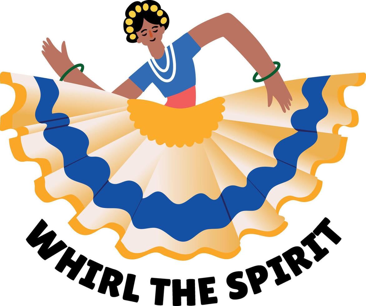 Flat sticker of a girl doing folk dance with whirl the spirit typography vector