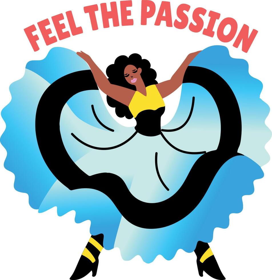 Flat sticker of a girl performing flamenco dance with feel the passion typography vector