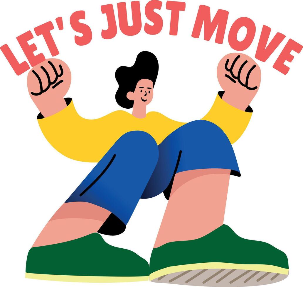 Flat sticker of dancing character with lets just move typography vector