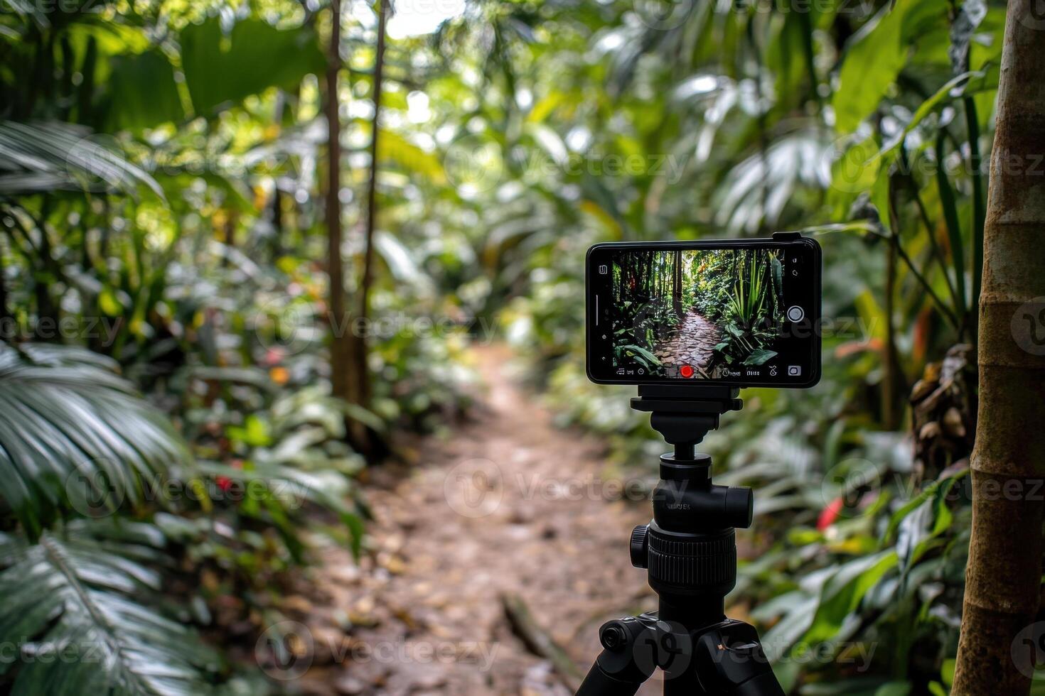 Content creator recording tropical forest path with smartphone on tripod photo