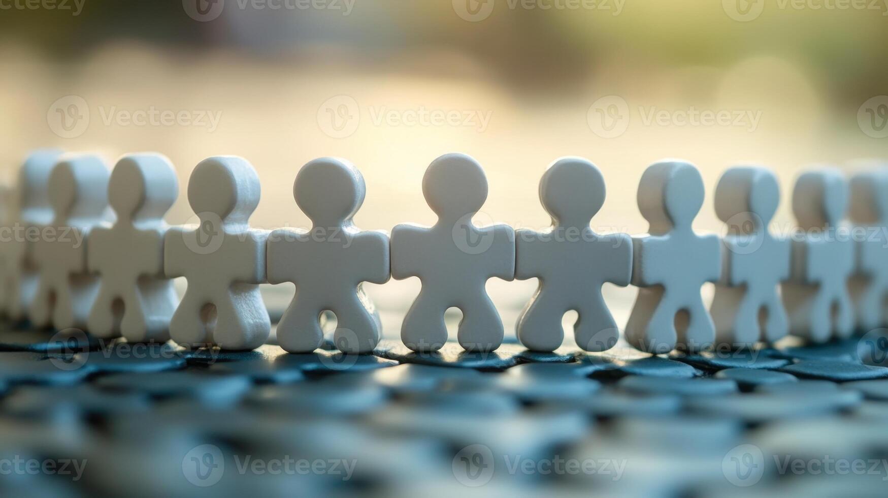 White figurines holding hands on puzzle pieces, symbolizing teamwork and cooperation photo