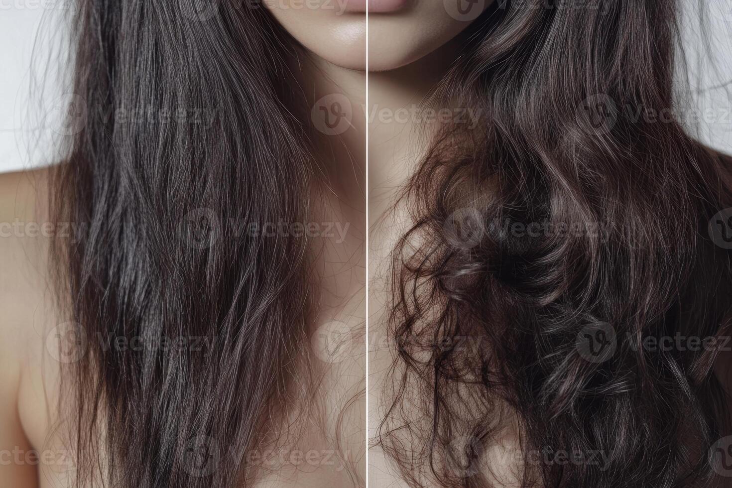 Woman showing result of hair straightening treatment before and after photo