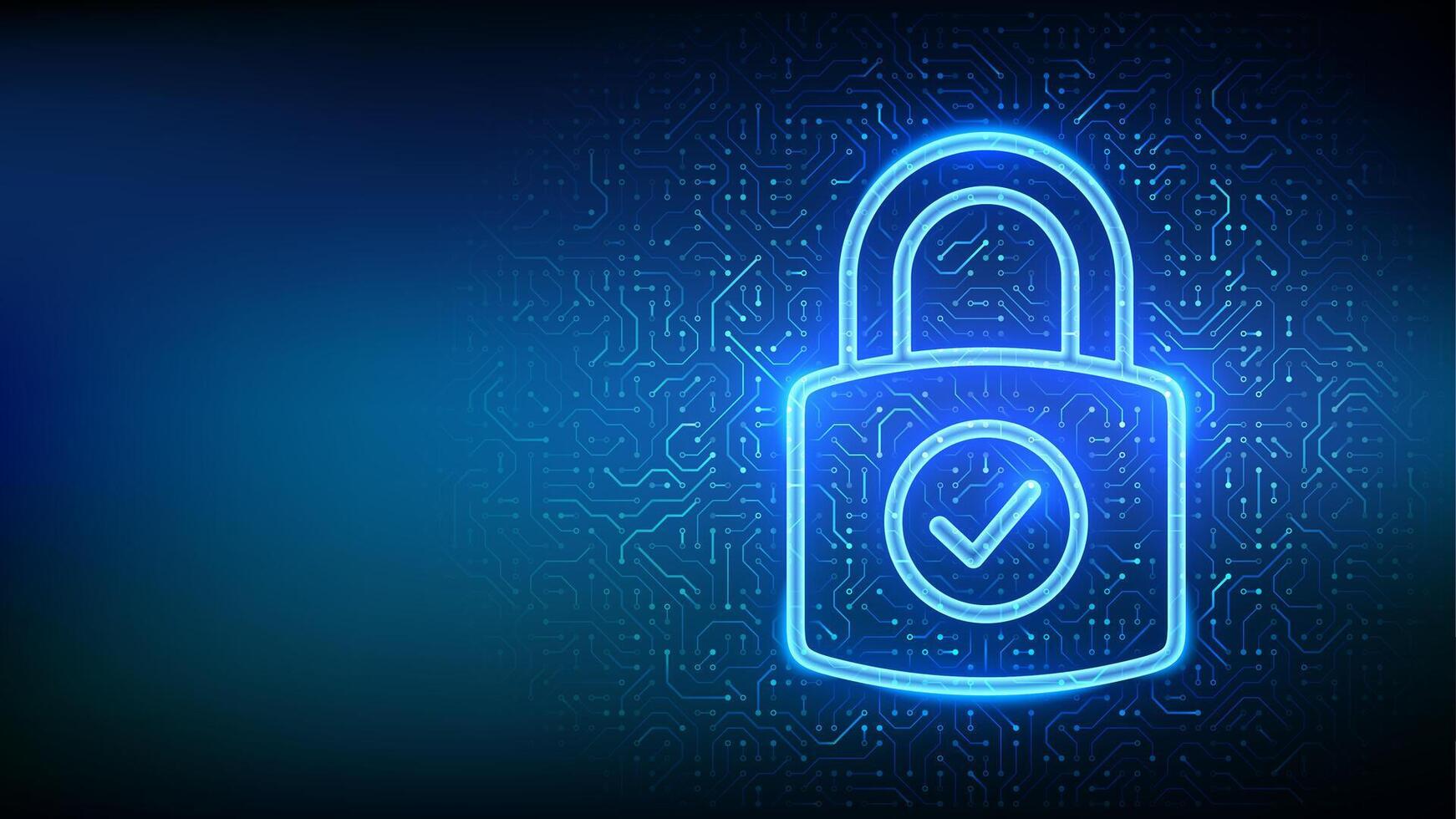 Padlock icon. Cybersecurity and data protection concept. Padlock with Check mark icon. Network safety. Information privacy idea. Circuit board pattern. PCB printed circuit texture. illustration vector