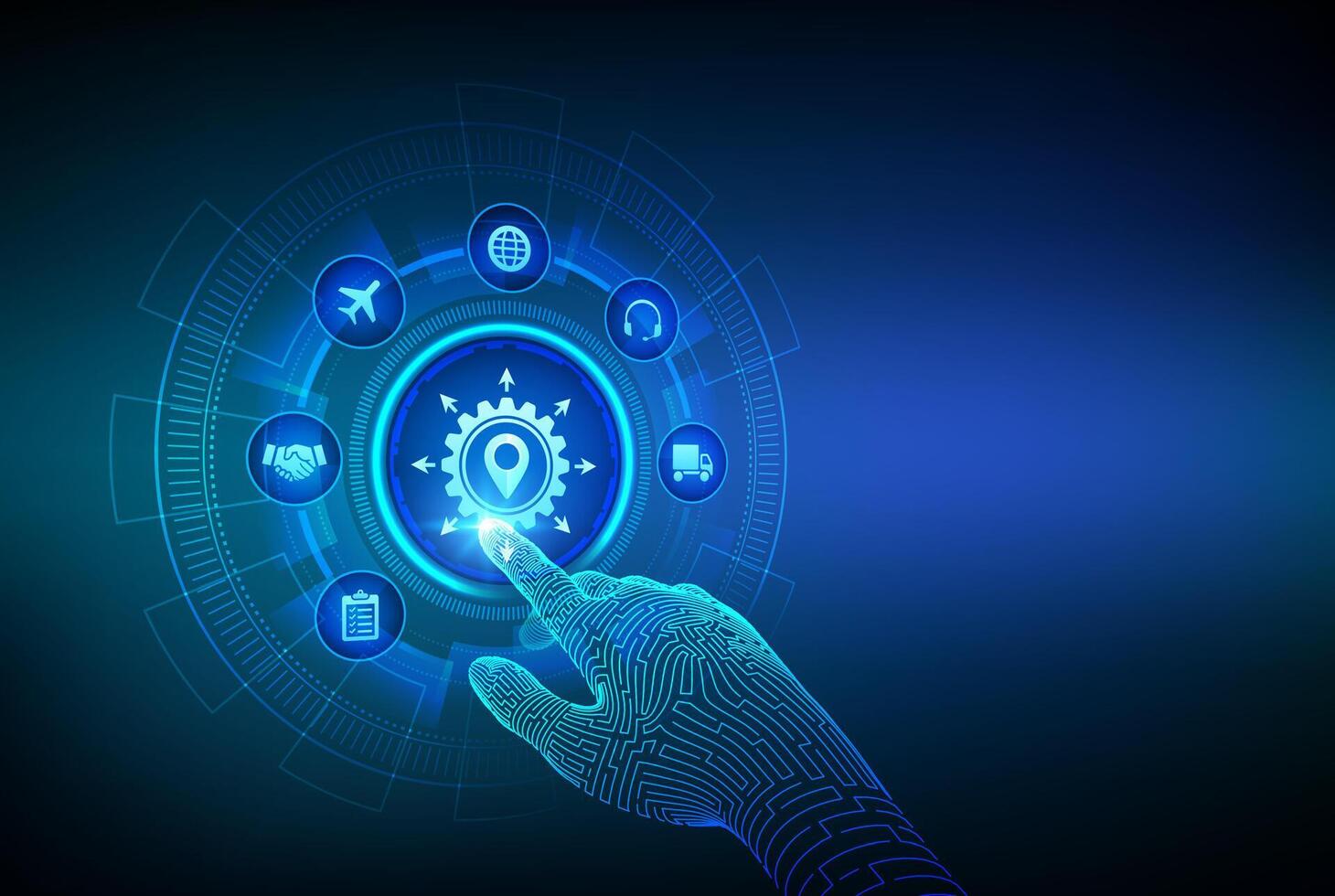 Logistics management concept. Smart logistics and transportation. Logistic global network distribution. Business of transport industrial. Wireframe hand touching digital interface. vector
