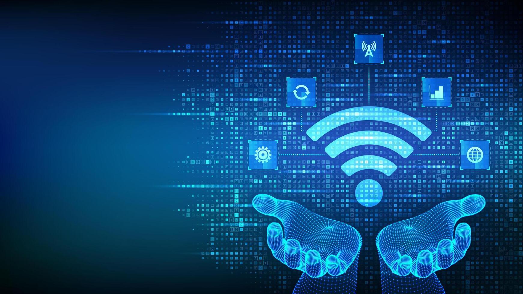 Wi-Fi network icon. Wi Fi sign made with binary code in hands. Wlan access, wireless hotspot signal. Mobile connection zone. Data transfer icons connections. Mobile transmission. illustration. vector