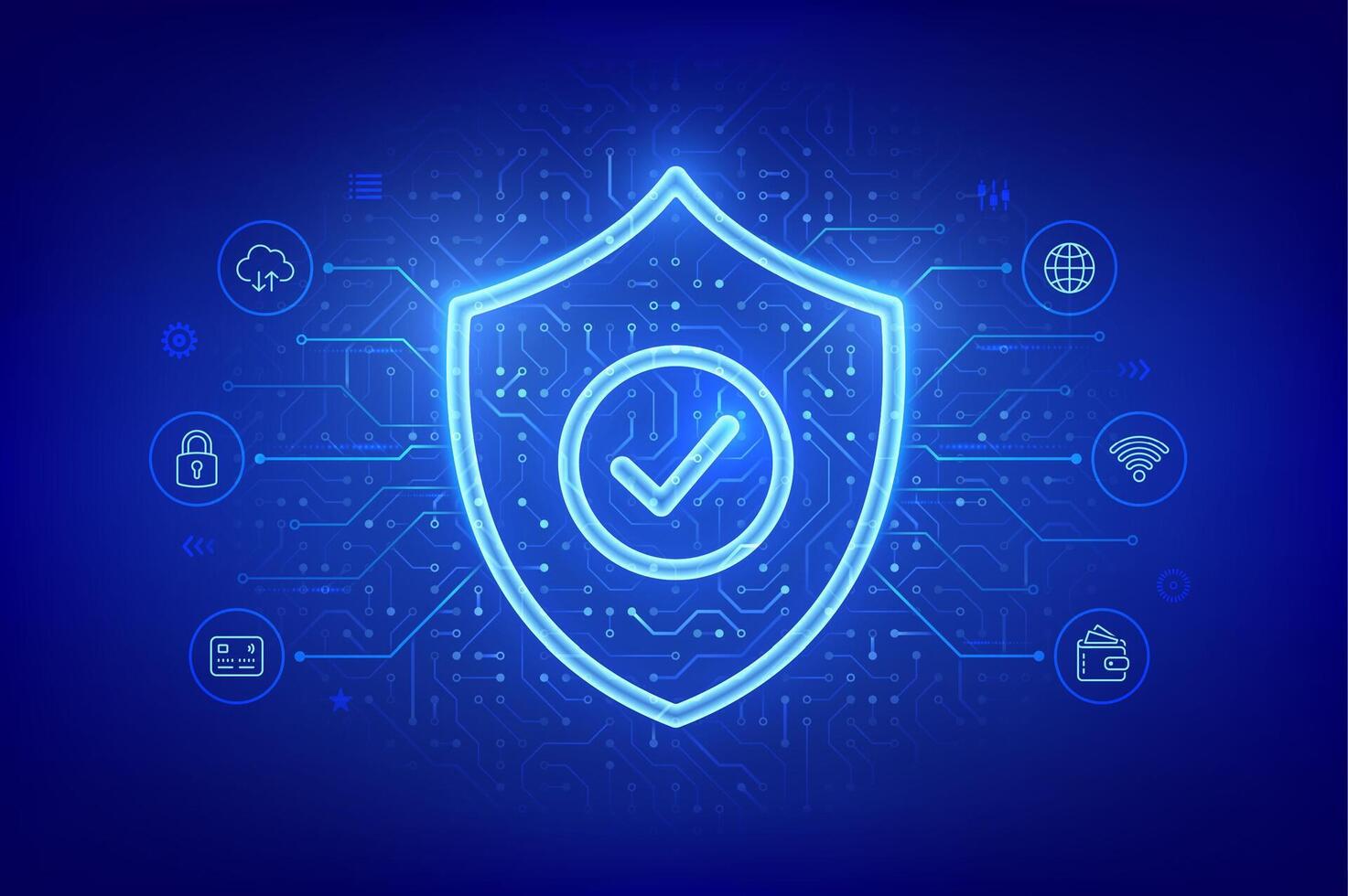 Security shield. Cyber security. Protection shield with Check mark icon. Cyber data protection. Information privacy idea. Network safety. Circuit board pattern. PCB printed circuit texture. . vector