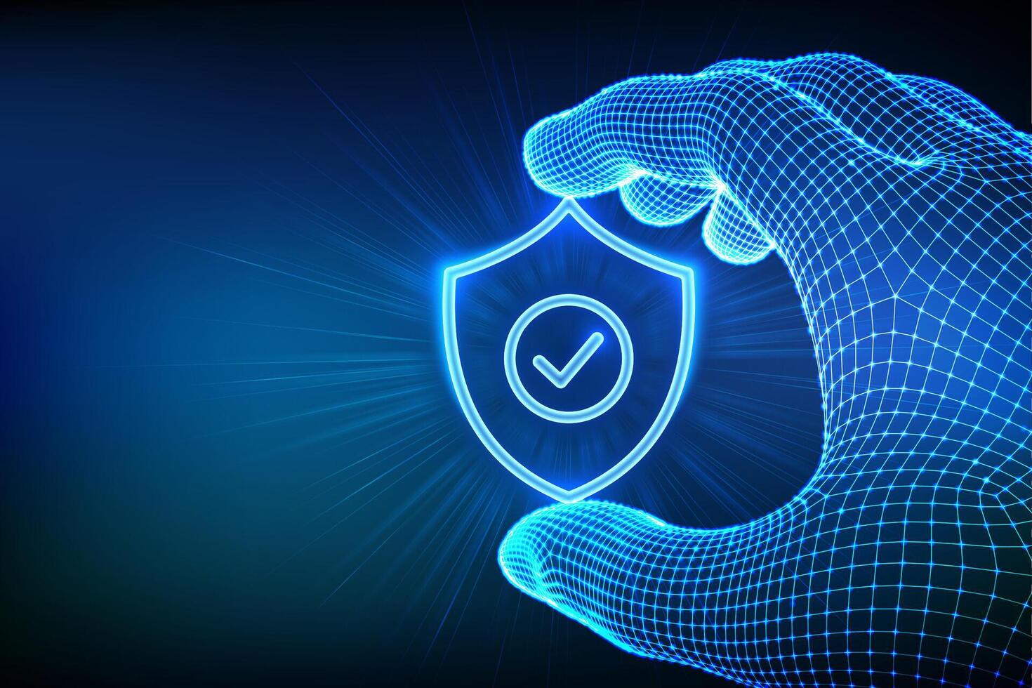 Security shield. Cyber security. Protection shield with check mark icon in a wireframe hand. Cyber data protection. Information privacy idea. Network safety and digital defense. illustration. vector