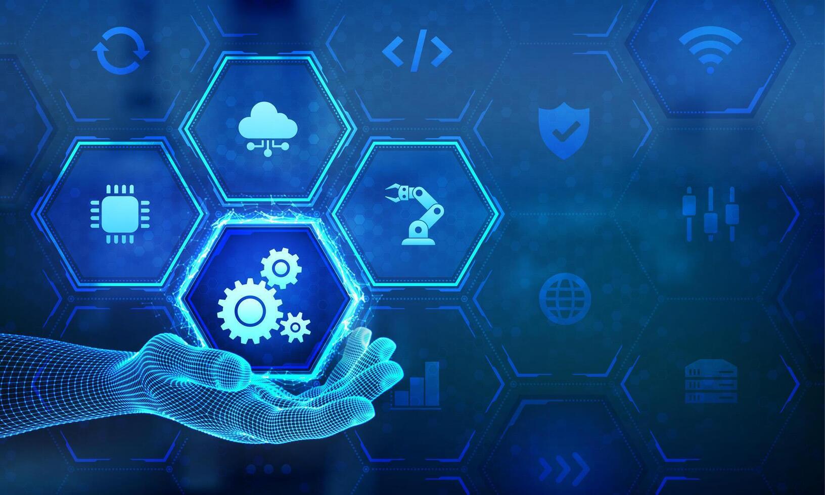 Robotic Process Automation software icon in wireframe hand. RPA. IOT and Automation concept as an innovation, improving productivity in technology and business processes. Smart industry. . vector