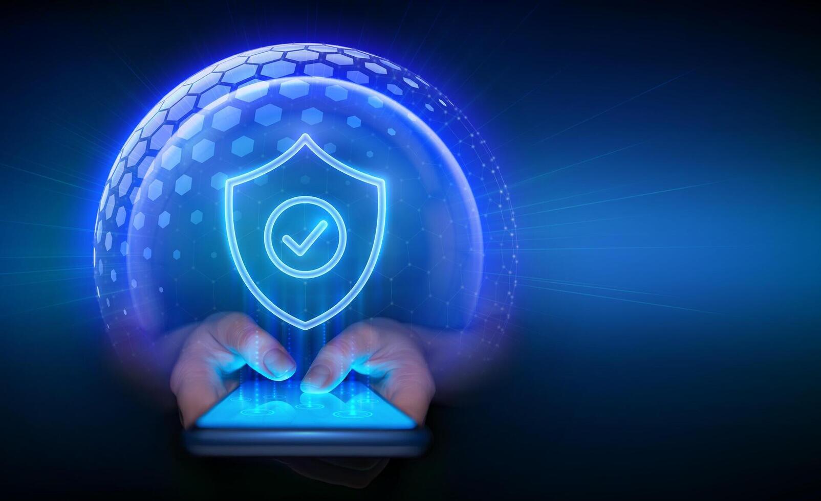 Cyber security and protection smartphone. Protection shield with Check mark icon inside sphere shield. Secure internet connection vpn, encryption. Personal data protection. Smartphone in hands. vector