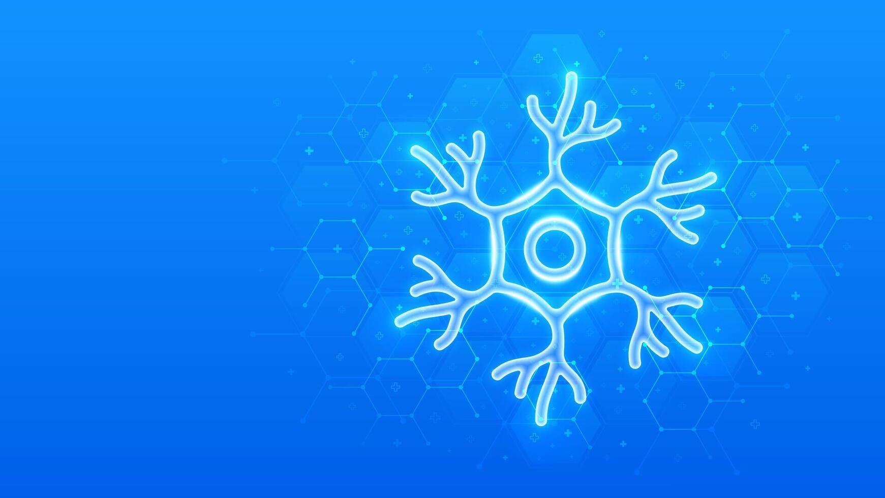 Nerve cell icon. Human neuron cell, unit of the nervous system. Nerve health. Neural communication, brain function. Molecular structure. Blue medical background with hexagons. illustration. vector
