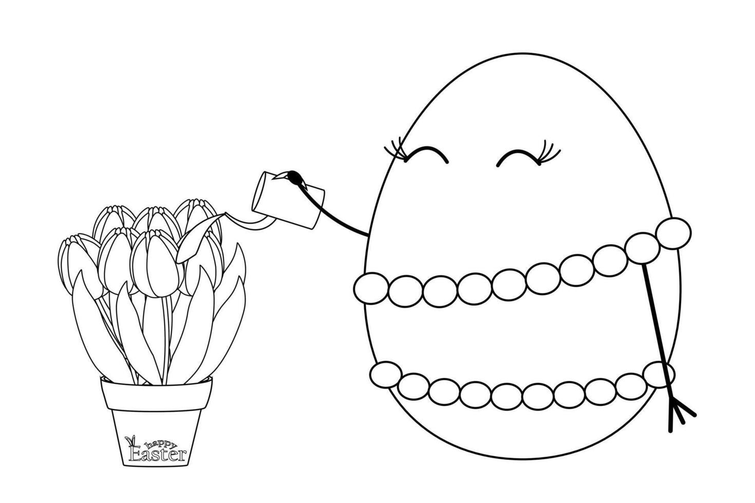 Adorable black and white Easter egg character watering tulips in a pot with - Happy Easter - text. Ideal for coloring page. vector
