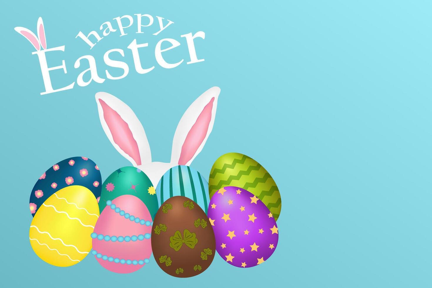 Vibrant Easter eggs with bunny ears and Happy Easter text on a blue background, perfect for holiday greetings. vector
