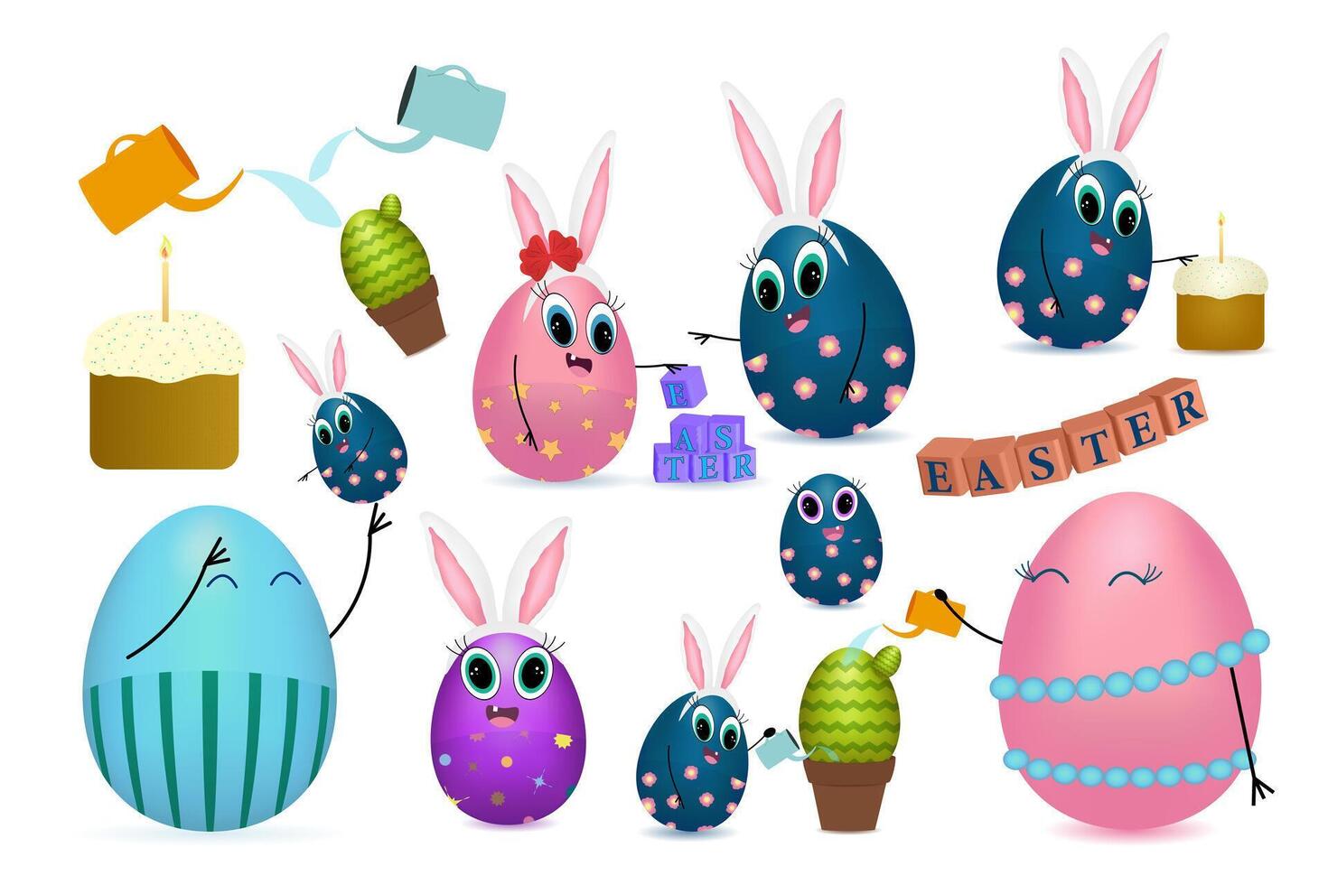 A playful set of decorated Easter egg characters with bunny ears engaging in festive activities, celebrating Easter joyfully. vector