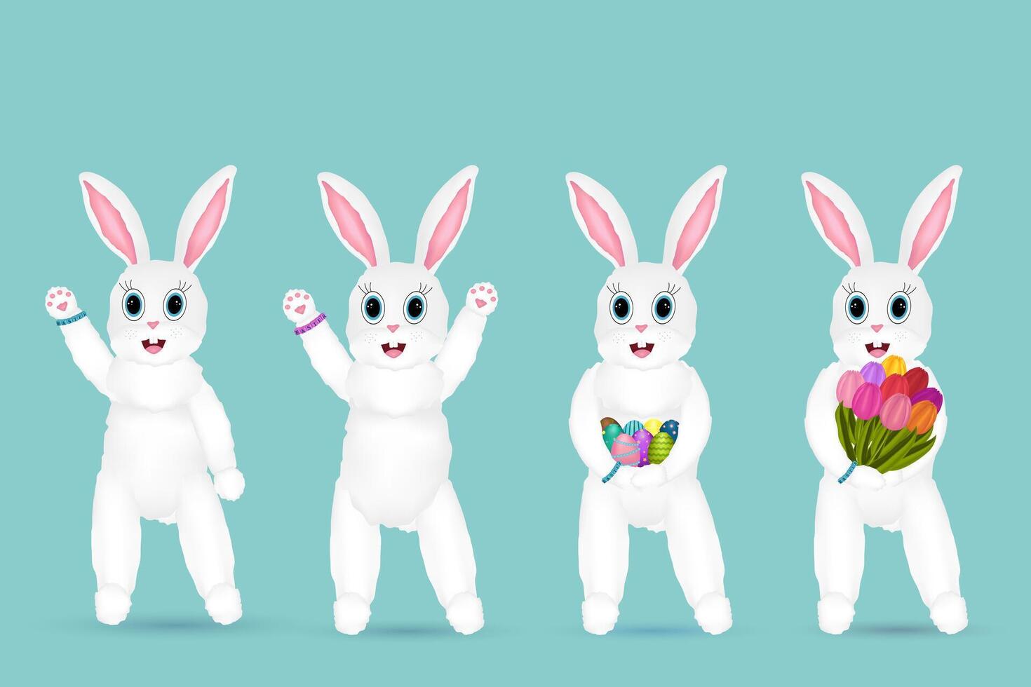 Set of four adorable white Easter bunny characters with big blue eyes, holding Easter eggs, tulips, and waving on a teal background. vector