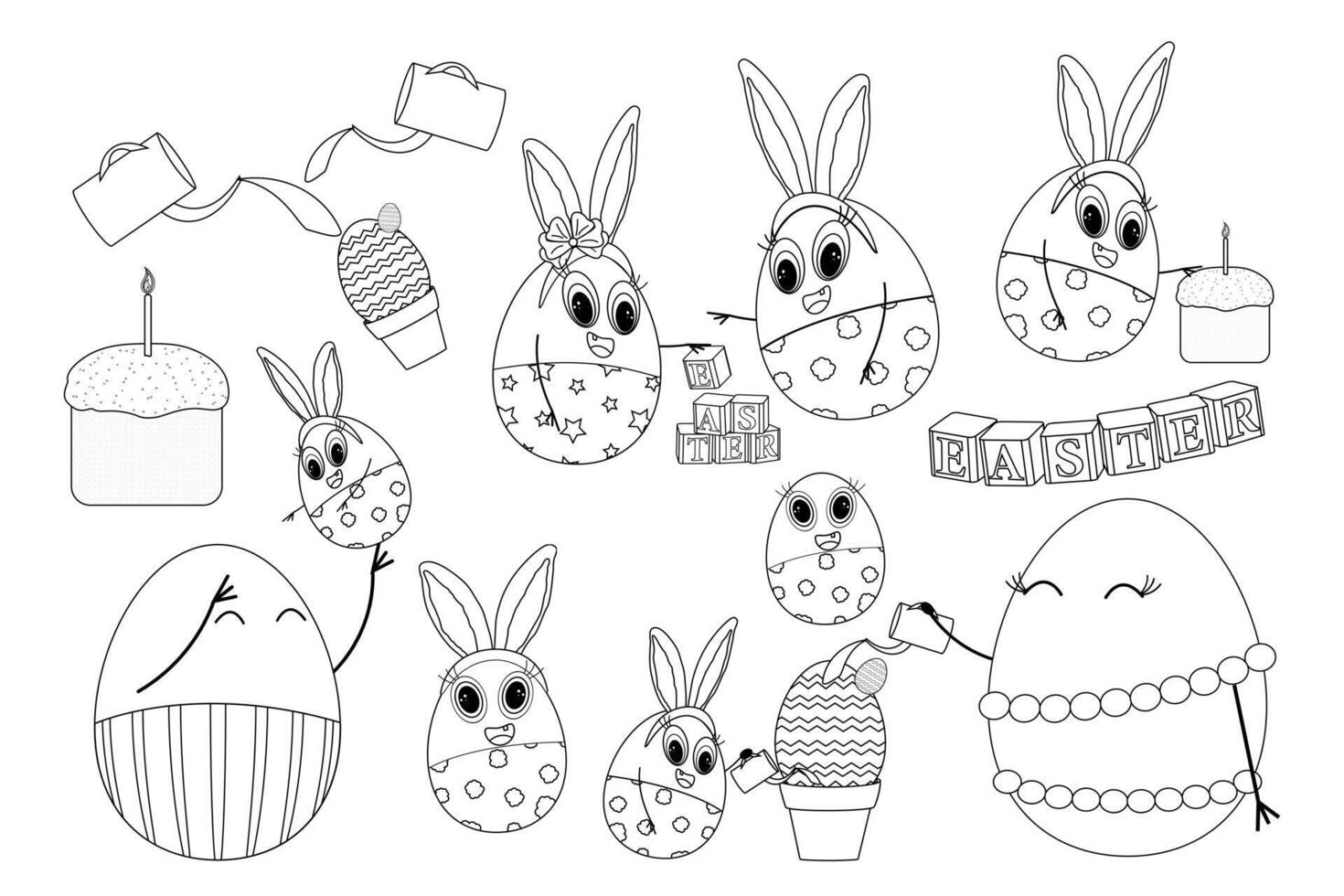 Black and white Easter coloring page featuring set bunny-eggs, holiday decorations, Easter cake, and playful activities. vector