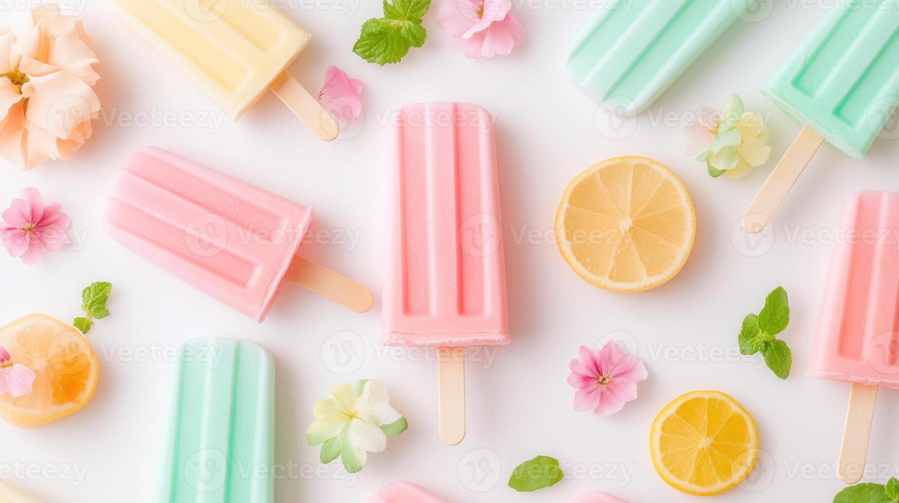 Colorful pastel popsicles with flowers and lemon slices on white background photo