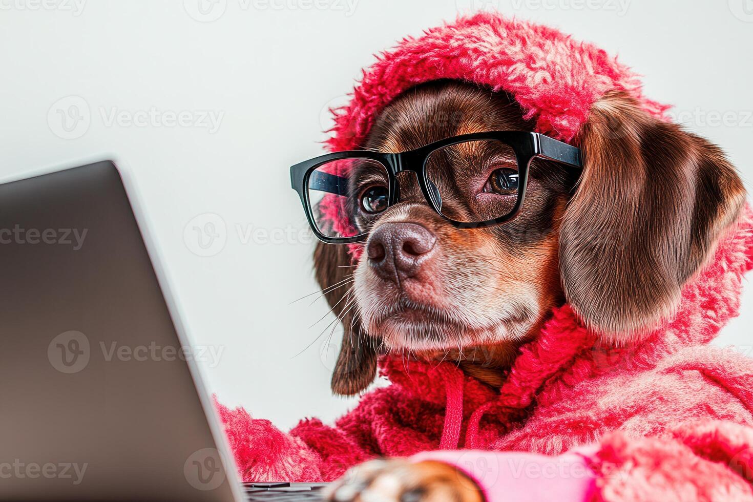 Smart dog wearing glasses and pink hoodie working on laptop photo