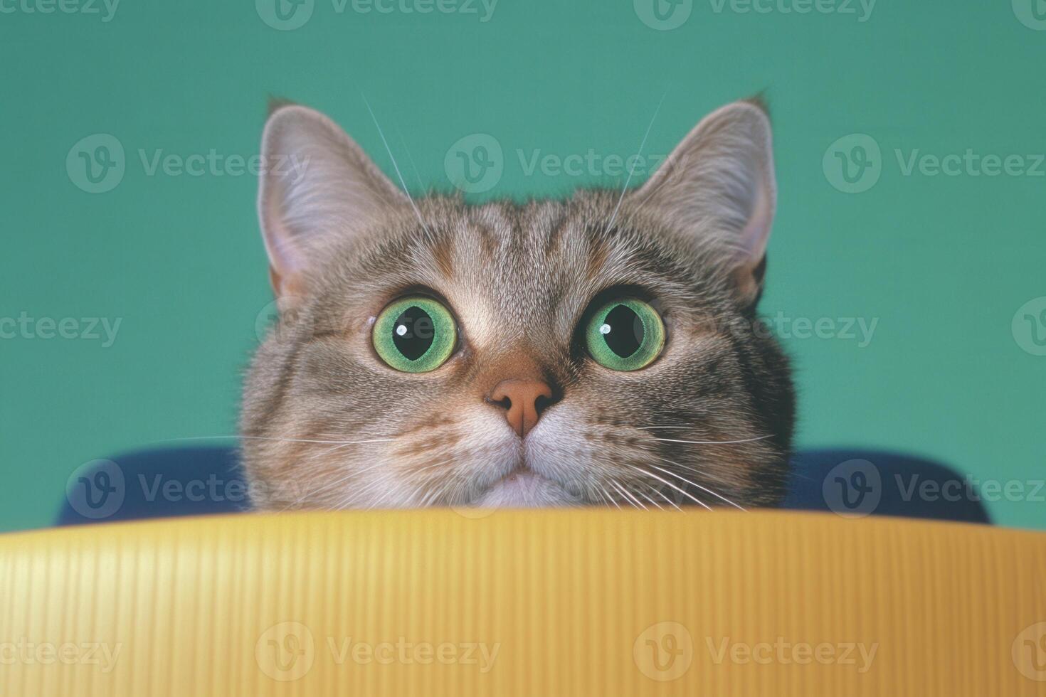 Curious cat peeking over desk in office setting photo