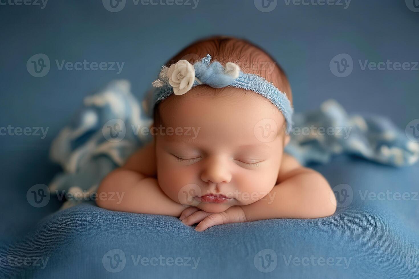 Newborn baby girl sleeping peacefully with blue headband and blanket photo