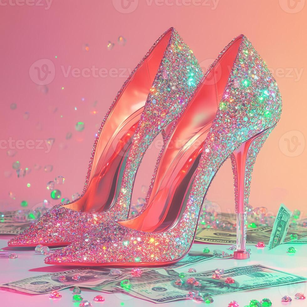 Sparkling pink high heels with gemstones on money and pink background photo