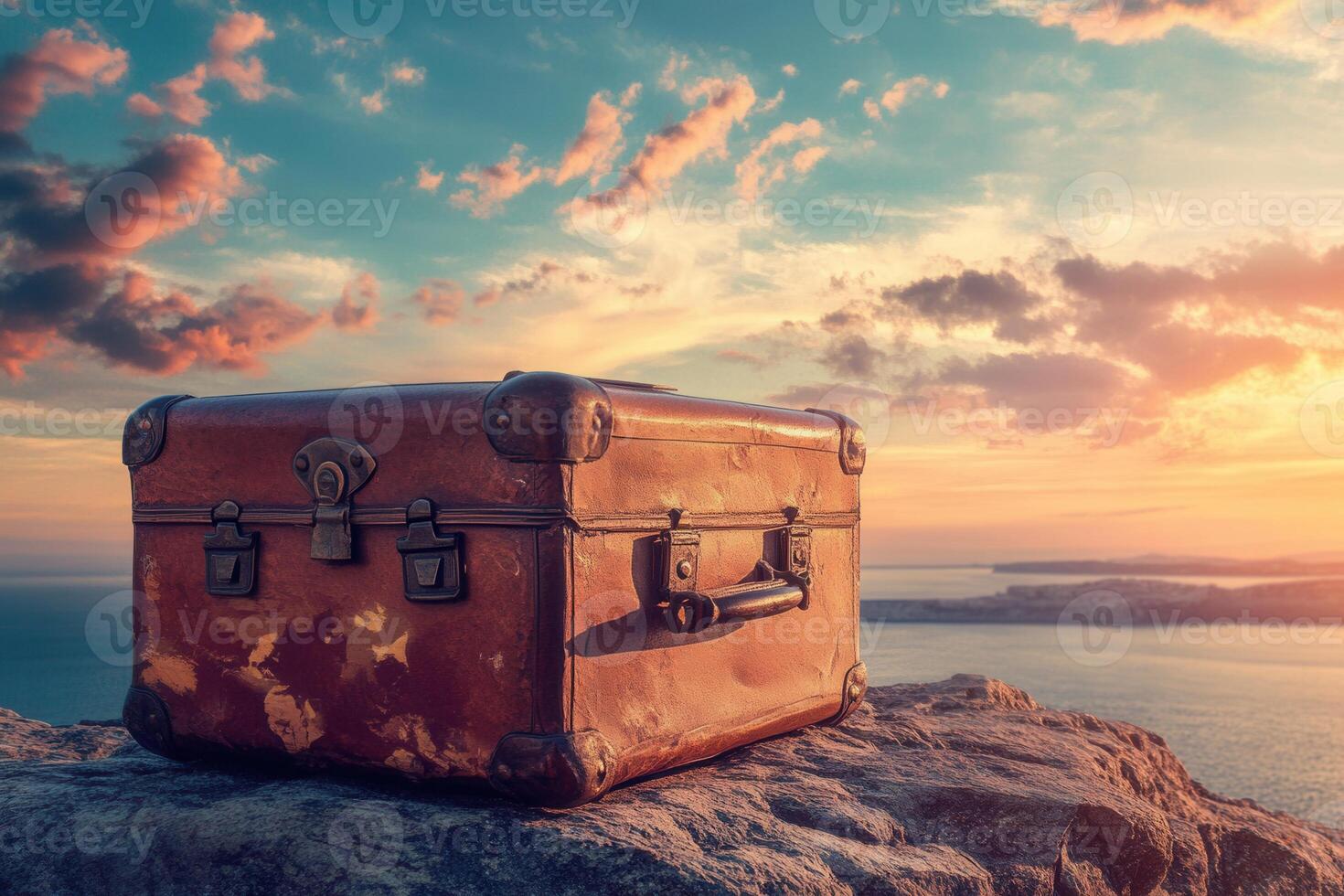 Old suitcase waiting on a cliff for the next travel adventure at sunset photo
