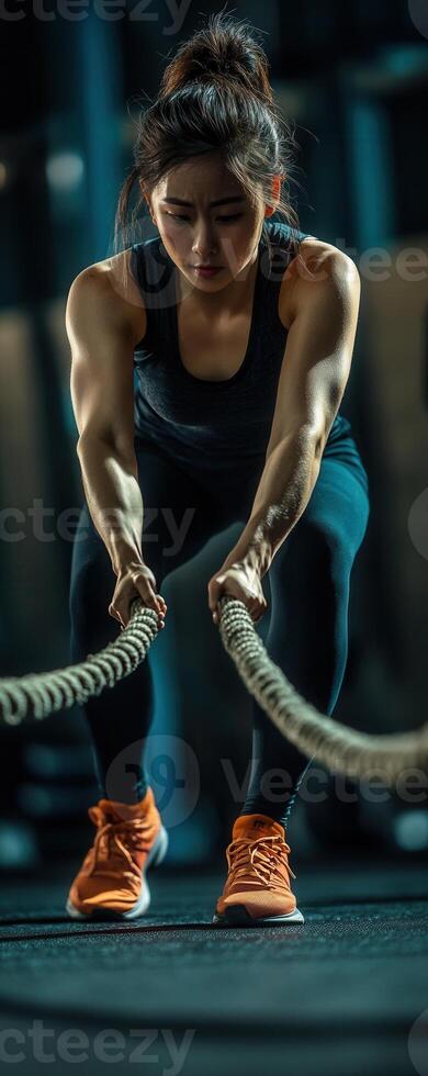 Asian sportswoman exercising with battle ropes in gym photo