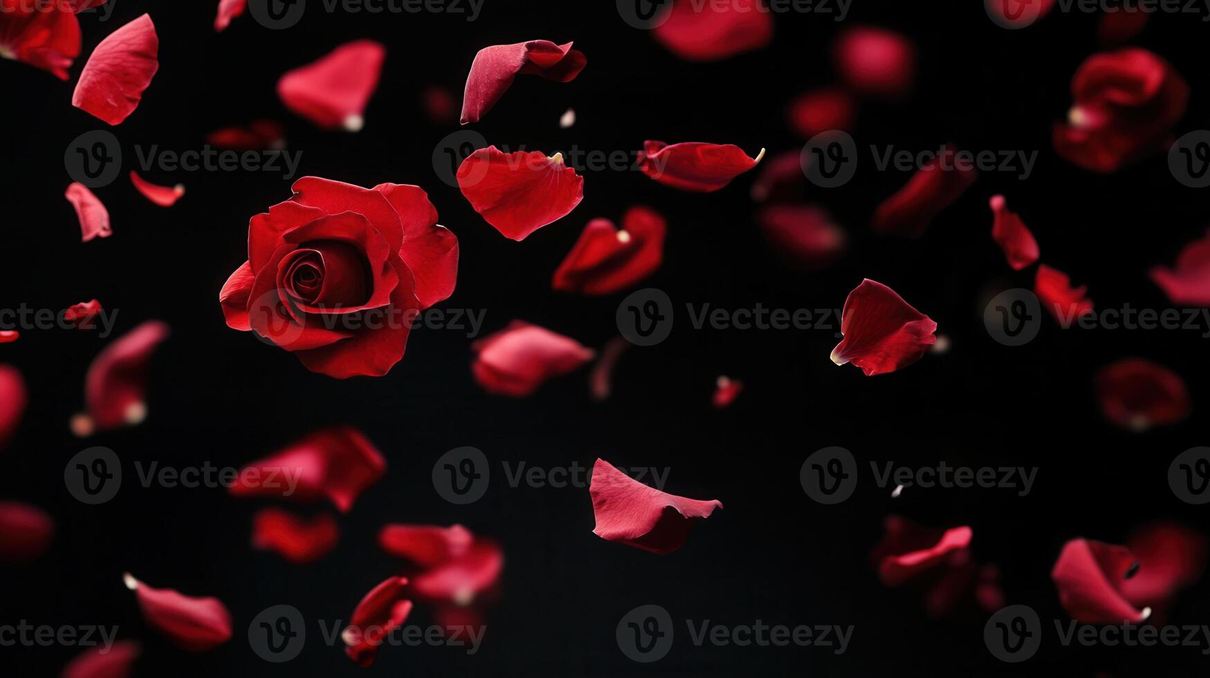 Red rose and petals falling down on black background photo