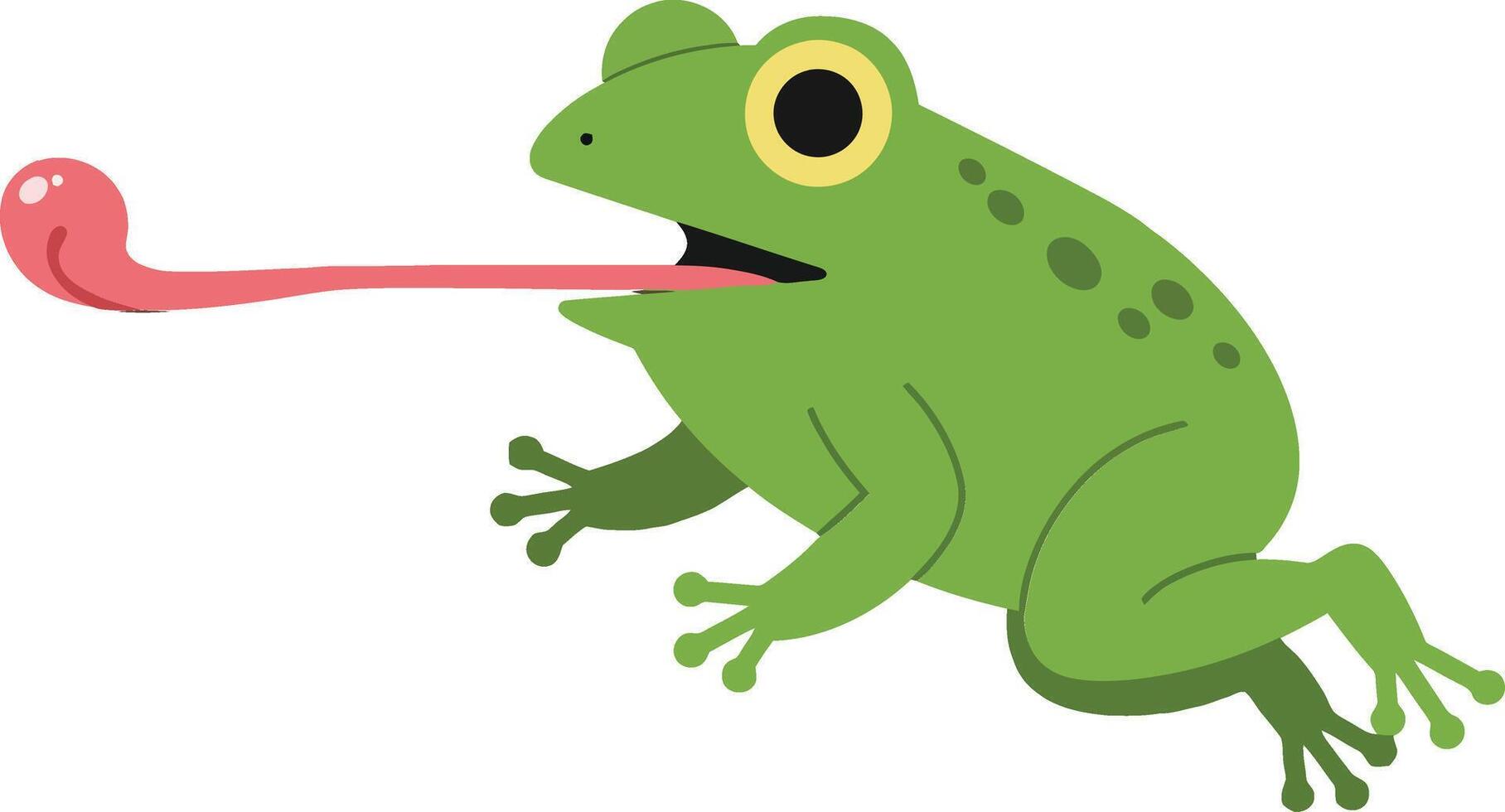 Green frog leaping with extended pink tongue in playful action, illustrated in a minimal style, vibrant colors, and cheerful tone, illustration vector