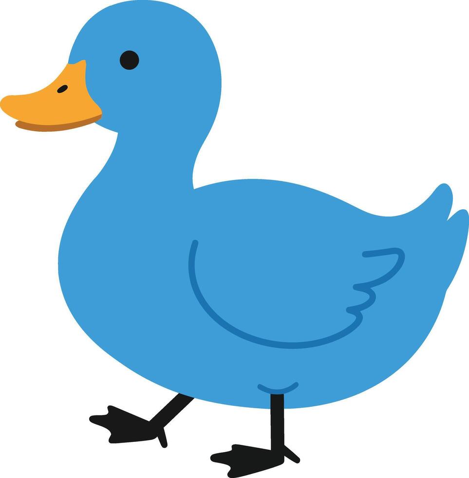 Blue duck character walking cheerfully with a bright orange beak in a minimalistic flat design illustration vector