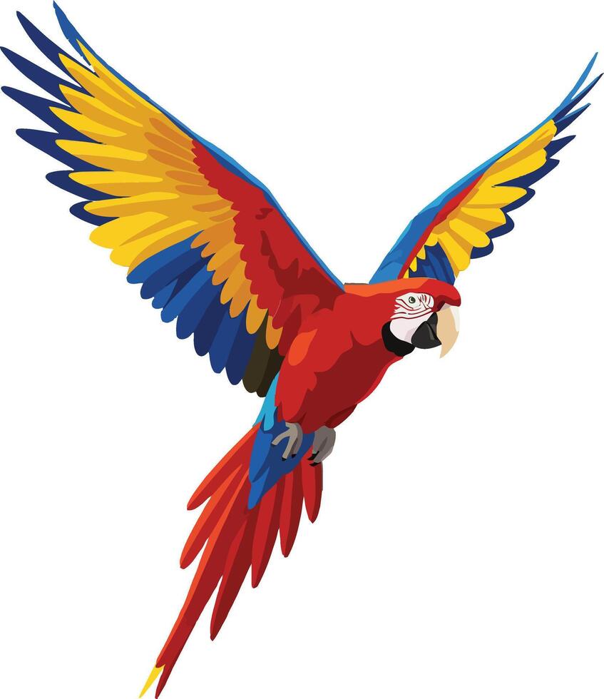 Vibrant red and yellow macaw soaring through clear sky in flat design art vector