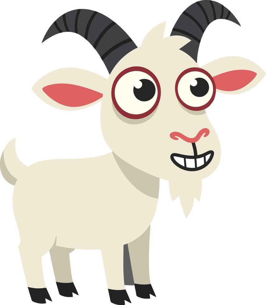 Playful cartoon goat with exaggerated features in a colorful flat design style showcasing joy and liveliness in illustration vector