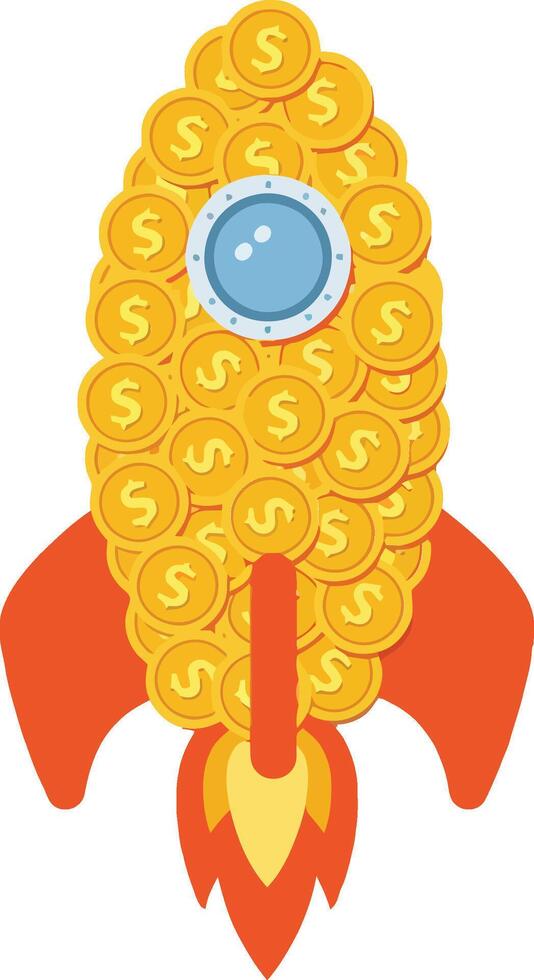 Rocket shaped like a corn cob covered in gold coins and dollar signs, featuring a blue circular window in a flat illustration vector