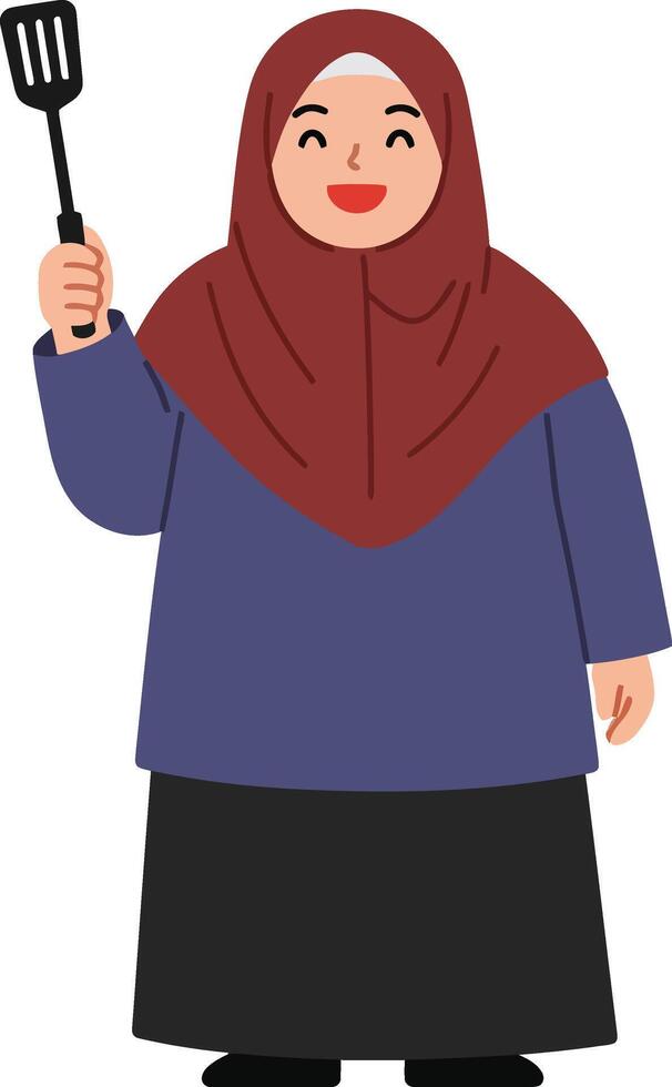 Cheerful woman in traditional attire holding a spatula wearing a hijab in a flat design illustration vector