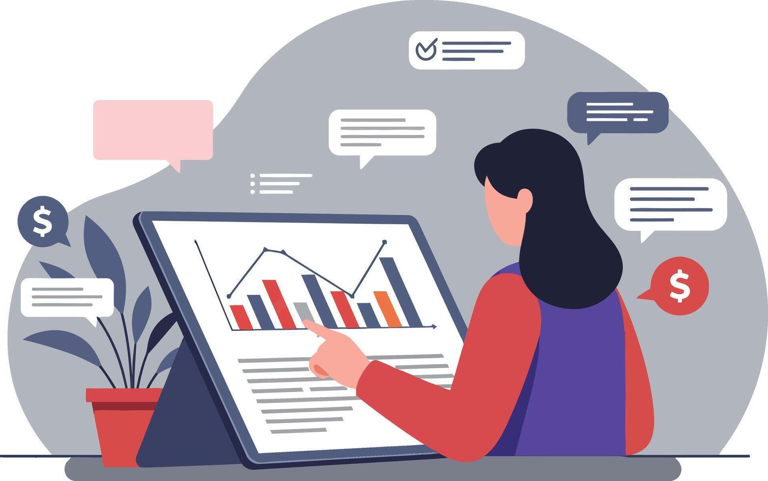 Woman analyzing financial data on a tablet with colorful graphs in a flat illustration setting, surrounded by chat bubbles and a plant vector