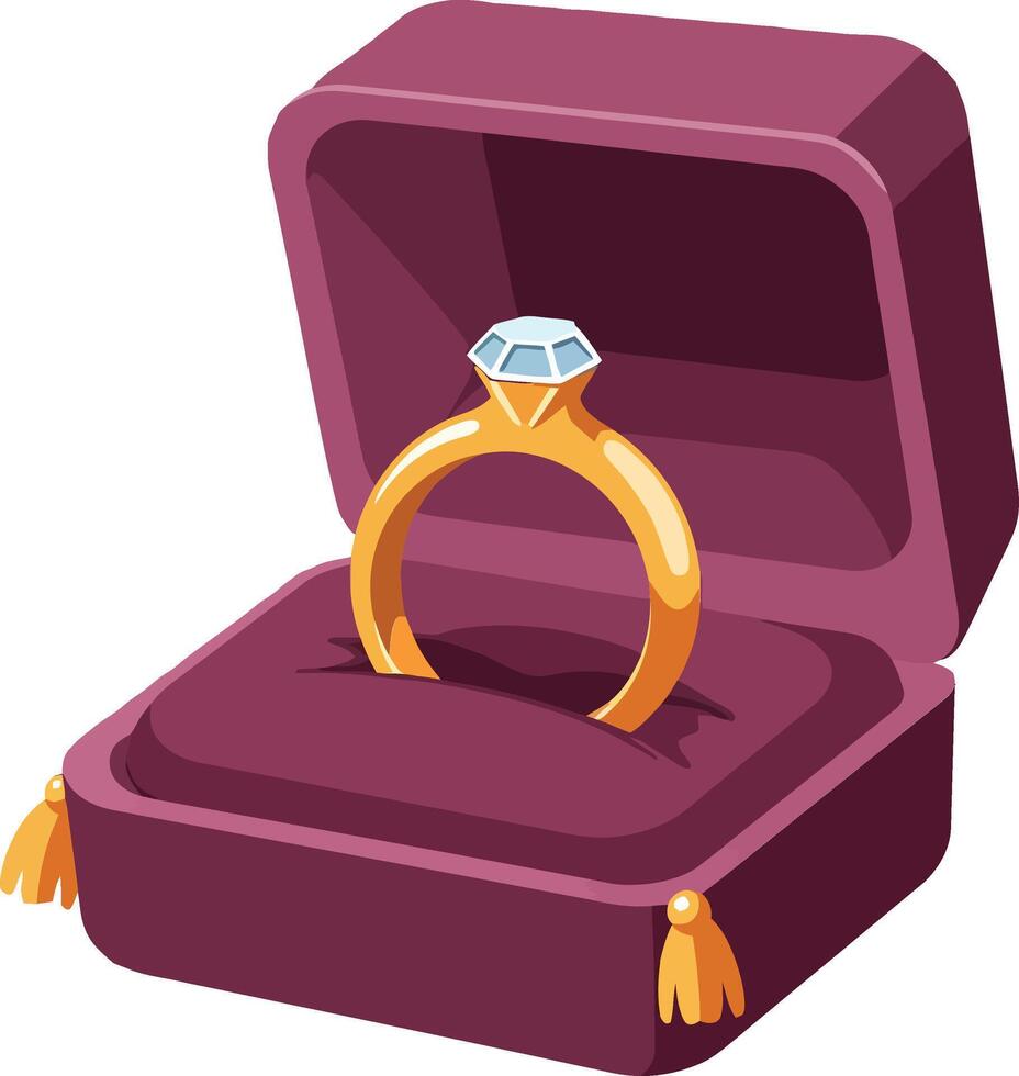 Elegant gold engagement ring displayed in a plush burgundy velvet box with a sparkling diamond on top, flat art vector
